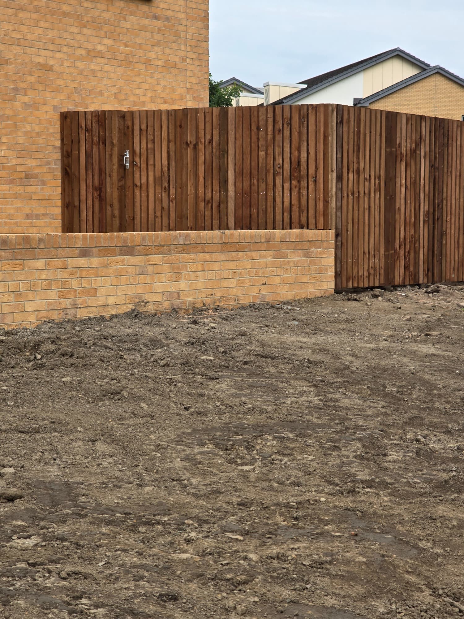 Dark-stained close-board timber fence and matching gate on a new-build plot