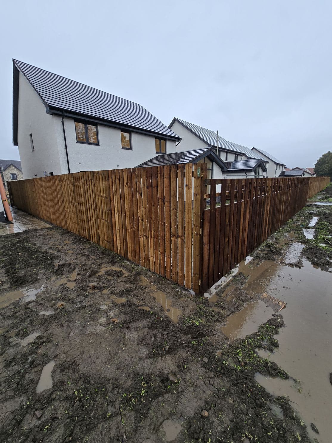 Corner run of vertical-board timber fencing at new-build homes in East Calder